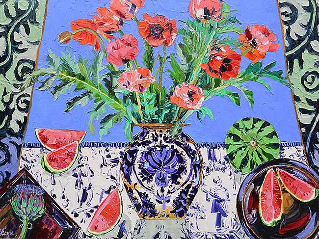 Still life with poppies, artichokes  and watermelons by Lucy Doyle